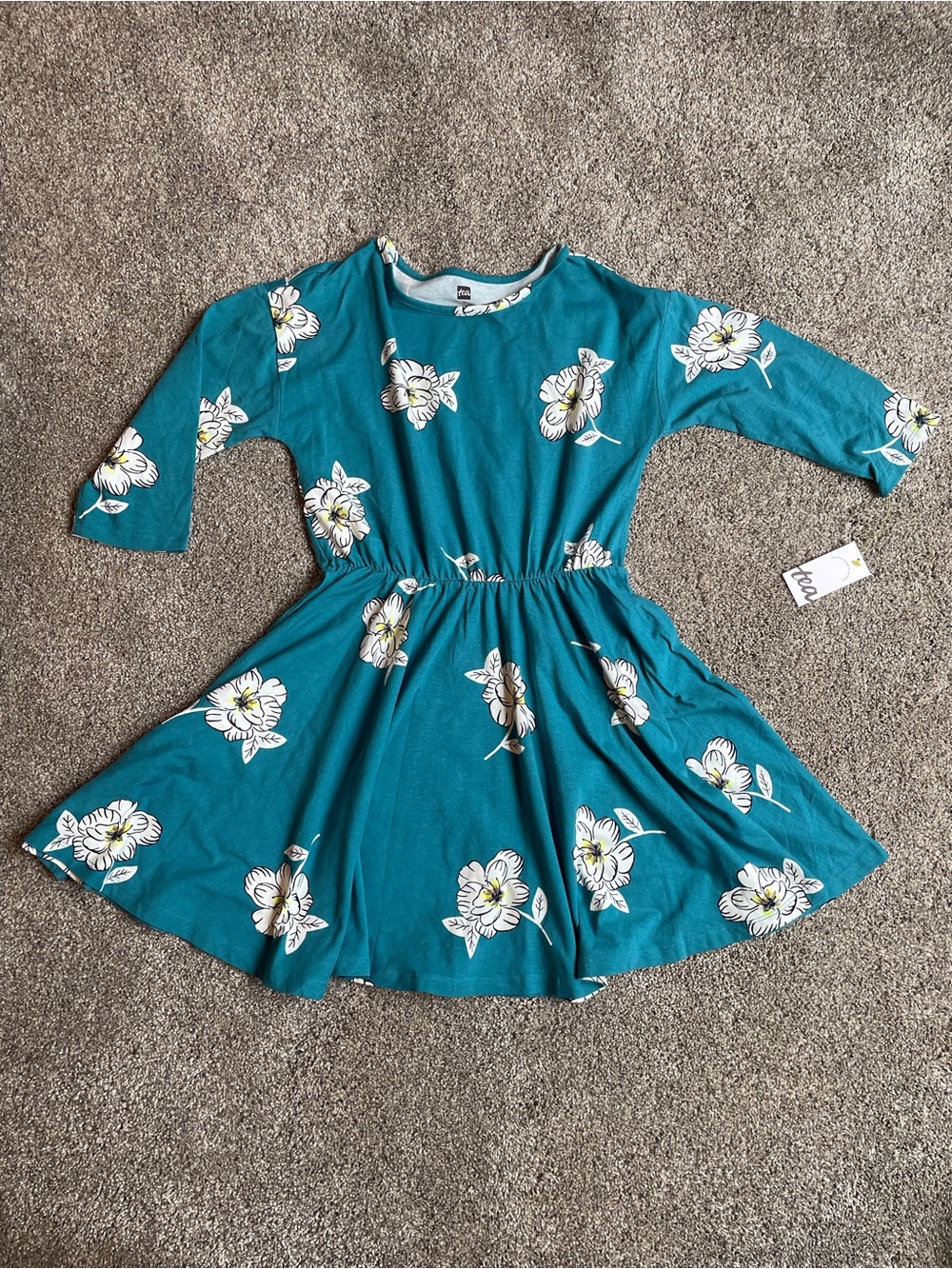 NWT Tea Collection Girls Teal Floral Stretch Jersey Dress Size 12